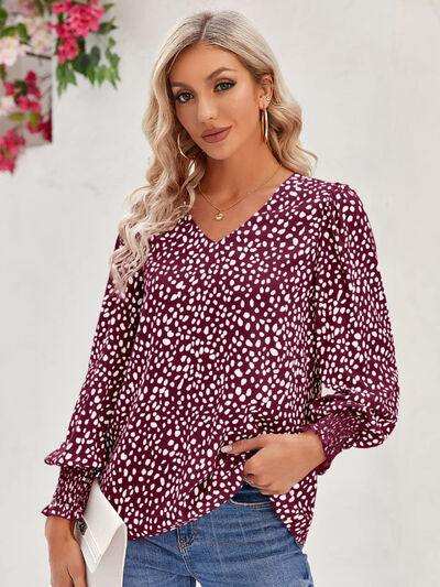 Printed V-Neck Lantern Sleeve Blouse - Trendsi - Flyclothing LLC