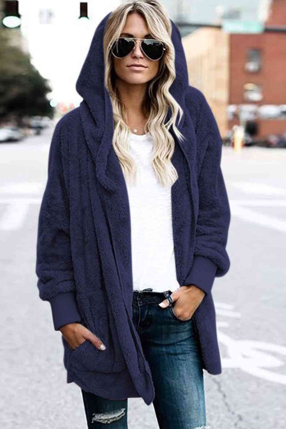 Teddy Hooded Jacket with Pockets - Trendsi - Flyclothing LLC