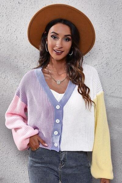 Color Block Button Up V-Neck Knit Top - Trendsi