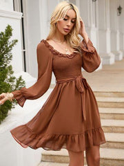 Tie Front Ruffle Hem Smocked Dress - Trendsi