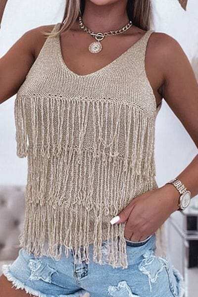Fringe V-Neck Knit Tank - Trendsi - Flyclothing LLC