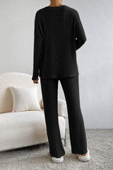 Ribbed V-Neck Top and Pants Lounge Set - Trendsi - Flyclothing LLC
