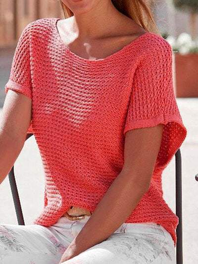 Boat Neck Short Sleeve Sweater - Trendsi - Flyclothing LLC