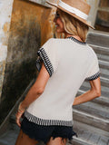 Contrast Round Neck Short Sleeve Knit Top - Trendsi - Flyclothing LLC