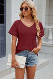 Eyelet V-Neck Short Sleeve T-Shirt - Trendsi - Flyclothing LLC