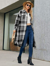 Plaid Pocketed Button Up Trench Coat - Trendsi - Flyclothing LLC