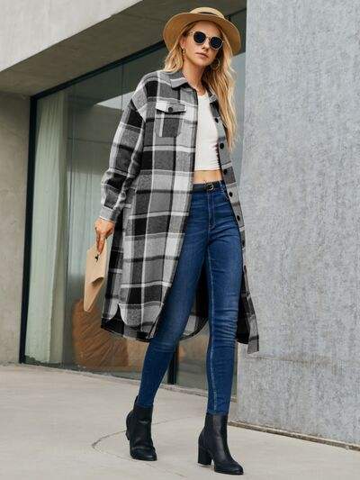 Plaid Pocketed Button Up Trench Coat - Trendsi - Flyclothing LLC