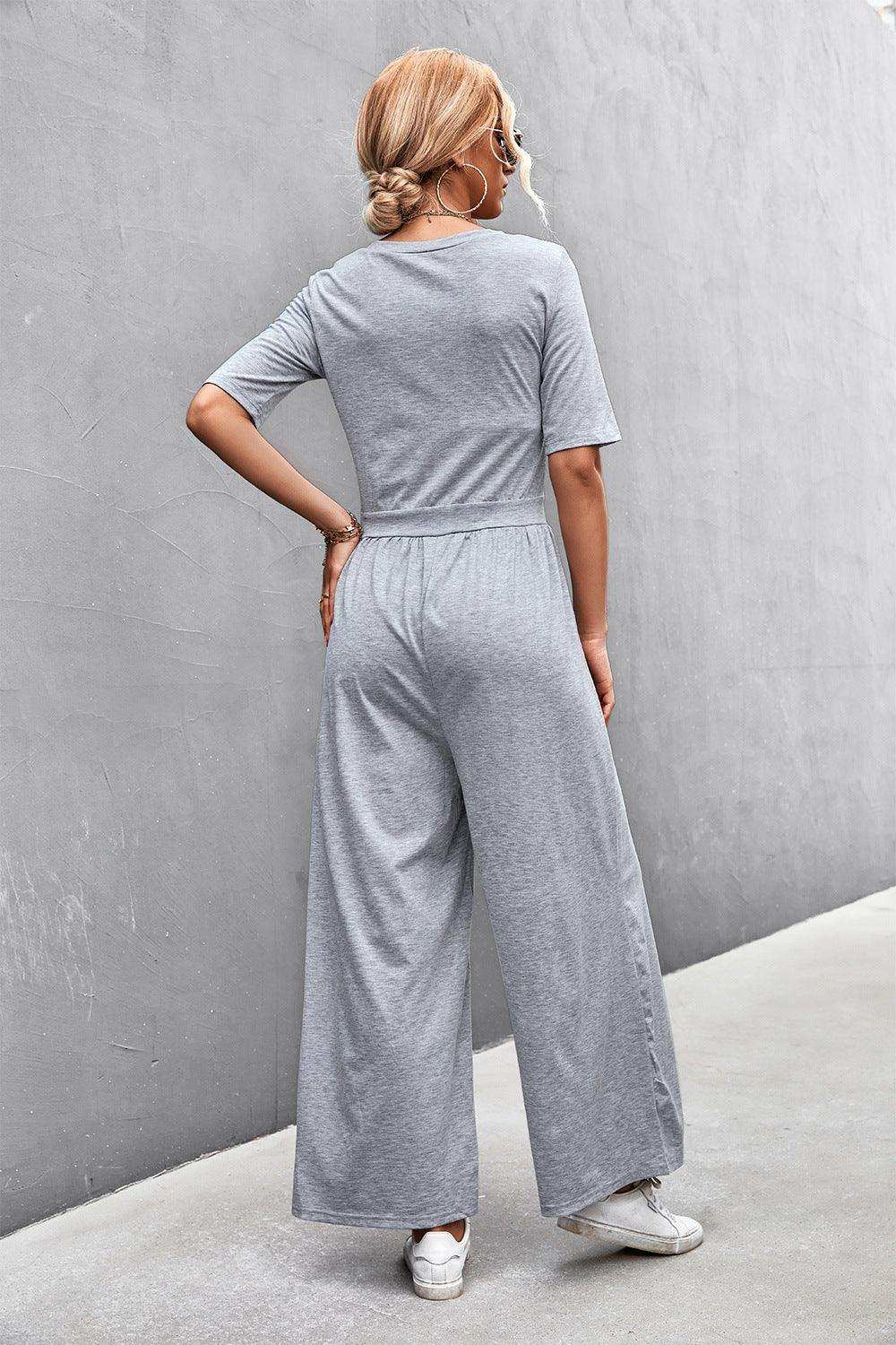 Scoop Neck Half Sleeve Wide Leg Jumpsuit - Trendsi - Flyclothing LLC