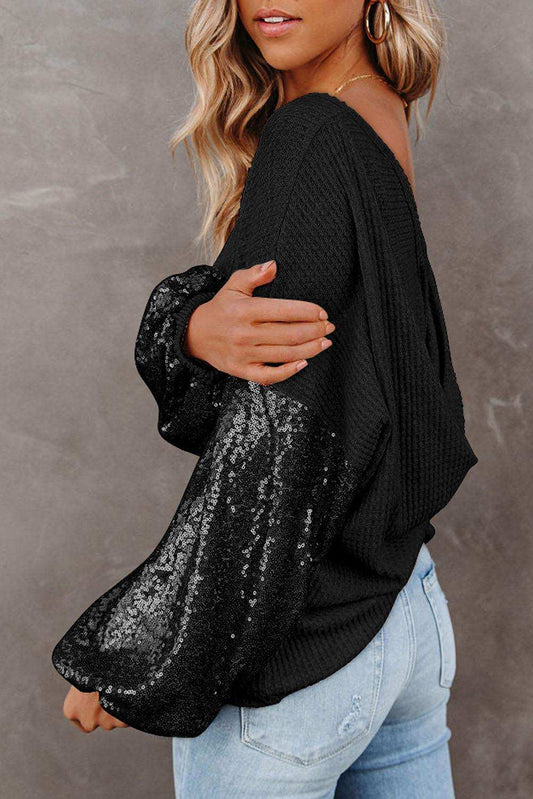 Sequin Waffle-Knit Blouse - Trendsi - Flyclothing LLC