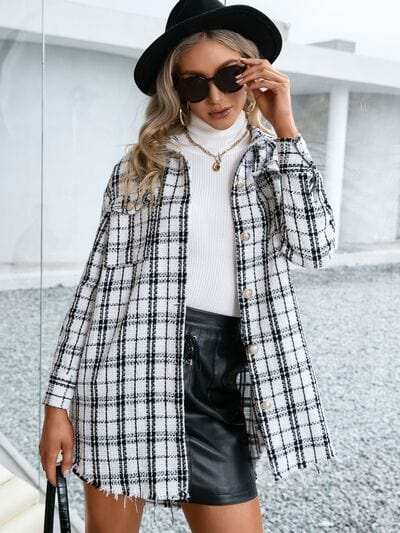 Plaid Pocketed Button Up Dropped Shoulder Jacket - Trendsi - Flyclothing LLC
