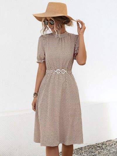 Printed Mock Neck Flounce Sleeve Dress - Trendsi - Flyclothing LLC