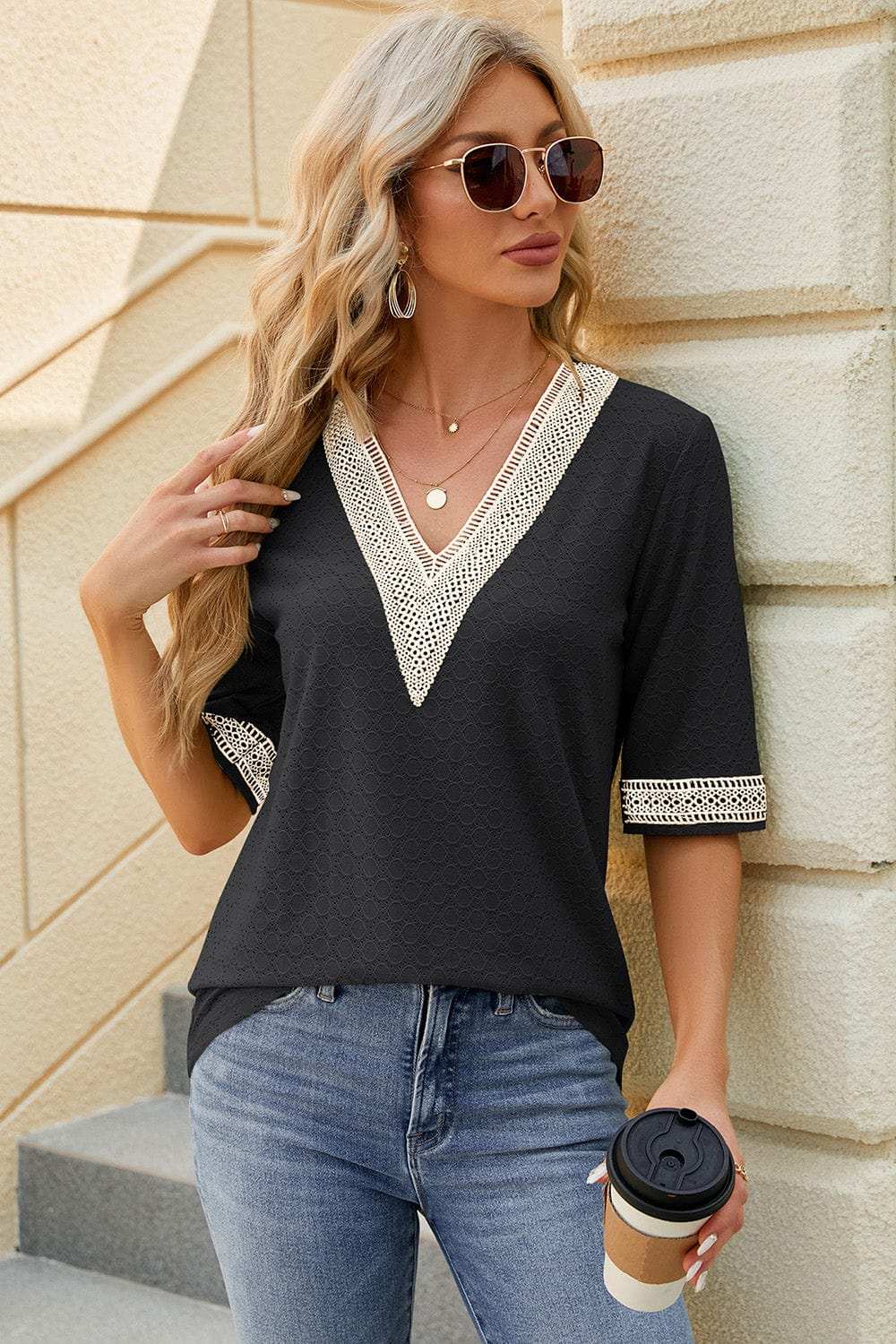 V-Neck Half Sleeve T-Shirt - Trendsi - Flyclothing LLC