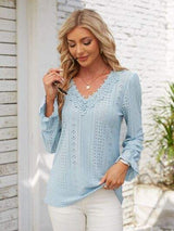 Applique V-Neck Flounce Sleeve T-Shirt - Trendsi - Flyclothing LLC