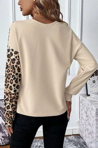 Leopard Waffle Knit Long Sleeve T-Shirt - Trendsi - Flyclothing LLC