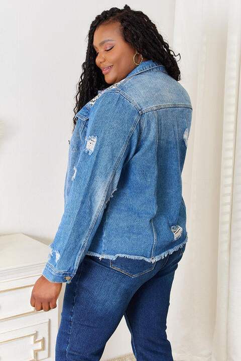 Baeful Leopard Floral Distressed Raw Hem Denim Jacket - Trendsi - Flyclothing LLC