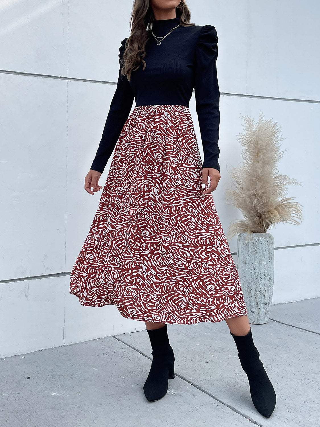 Printed Mock Neck Puff Sleeve Midi Dress - Trendsi - Flyclothing LLC