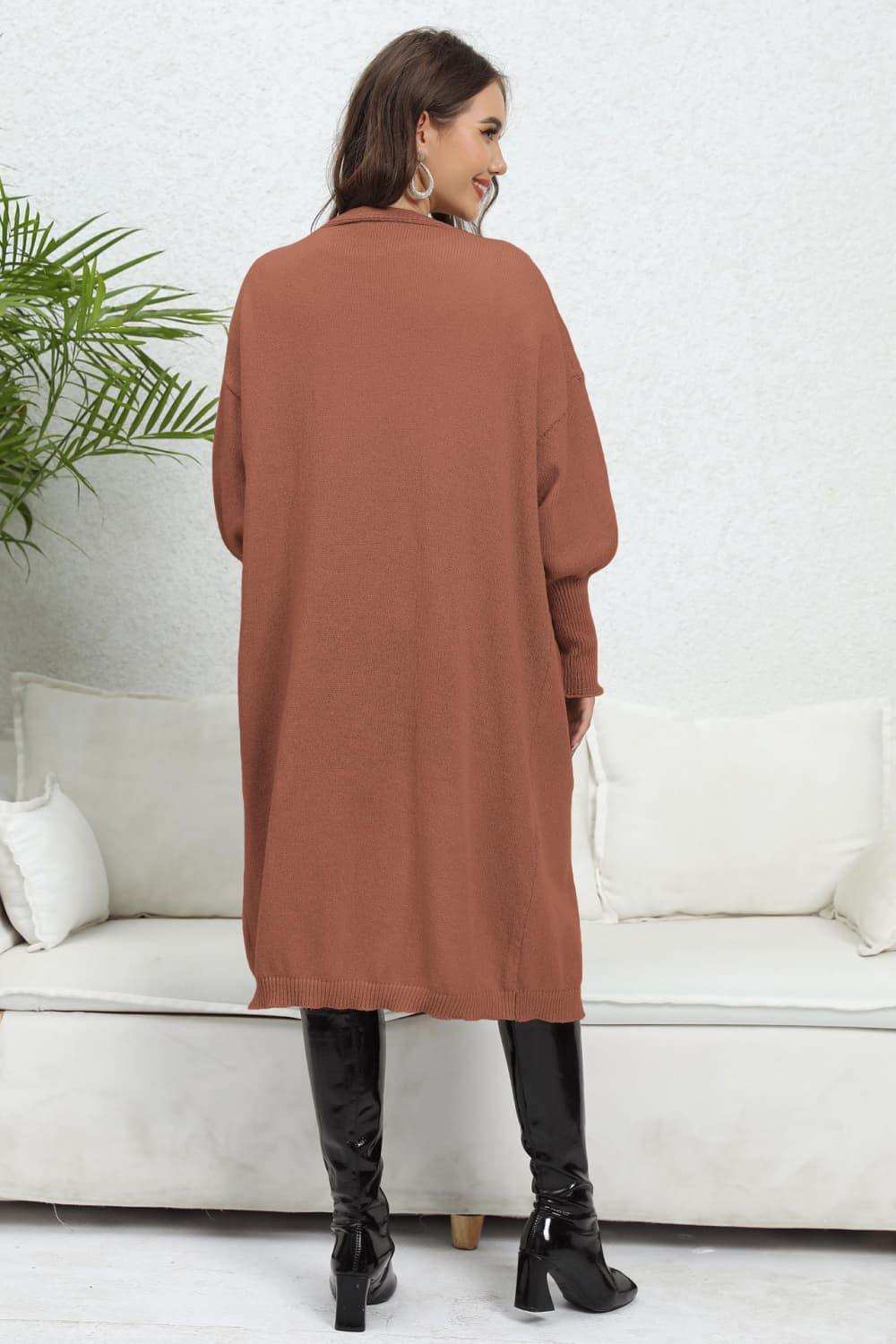 Lantern Sleeve Open Front Pocketed Cardigan - Trendsi - Flyclothing LLC