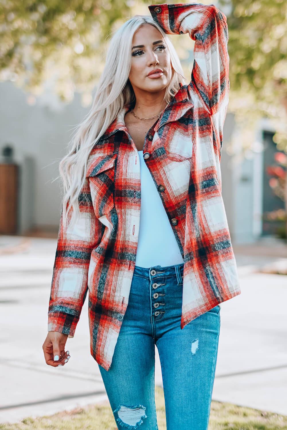 Plaid Button Up Shirt Jacket with Pockets - Flyclothing LLC