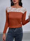 Lace Trim Long Sleeve Round Neck Tee - Trendsi - Flyclothing LLC