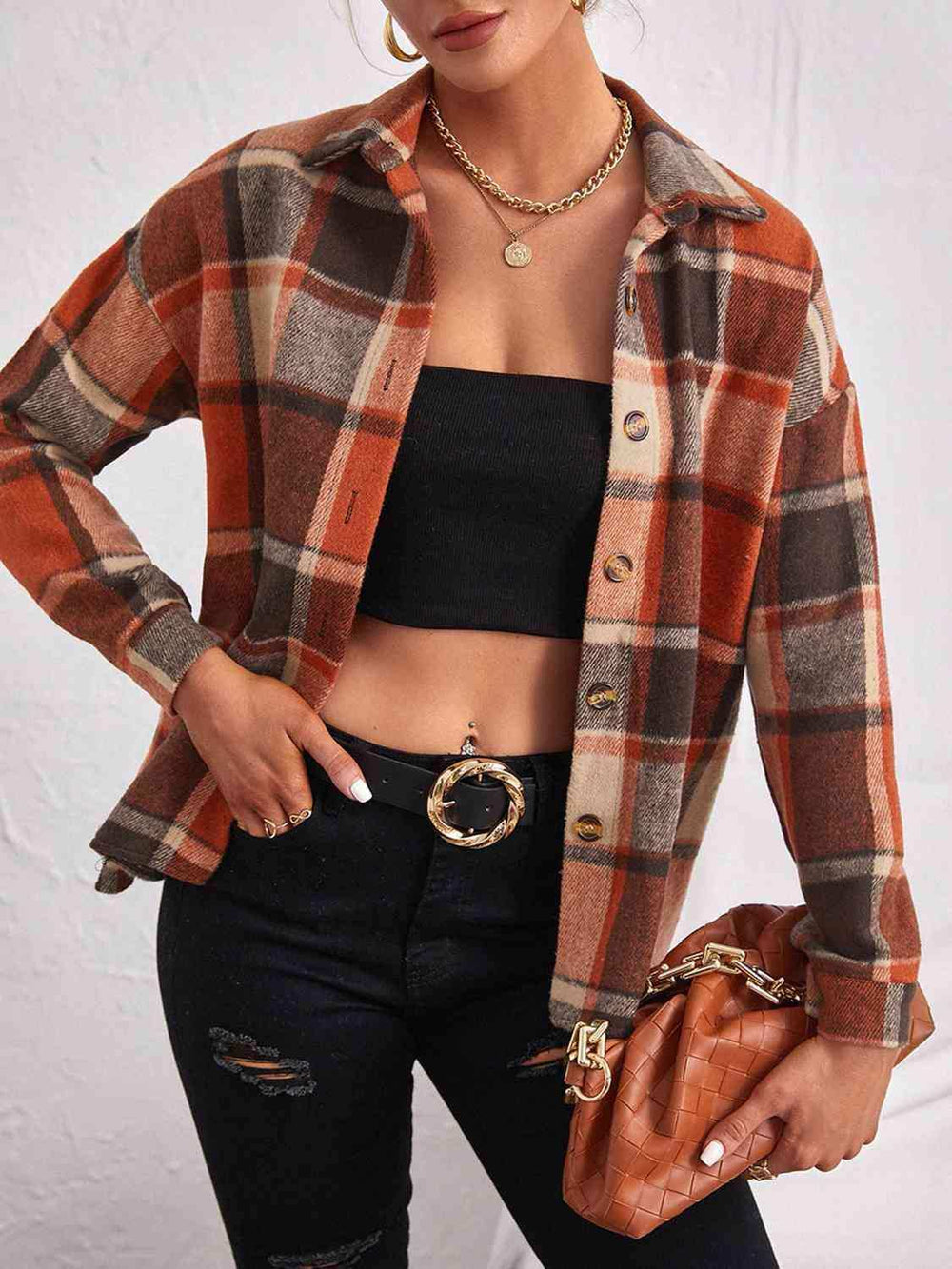 Plaid Collared Neck Button Down Jacket - Trendsi - Flyclothing LLC