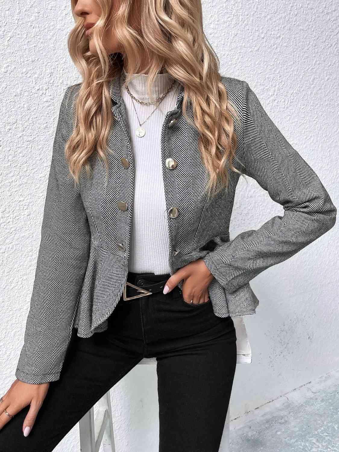 Ruffle Hem Collared Blazer - Trendsi