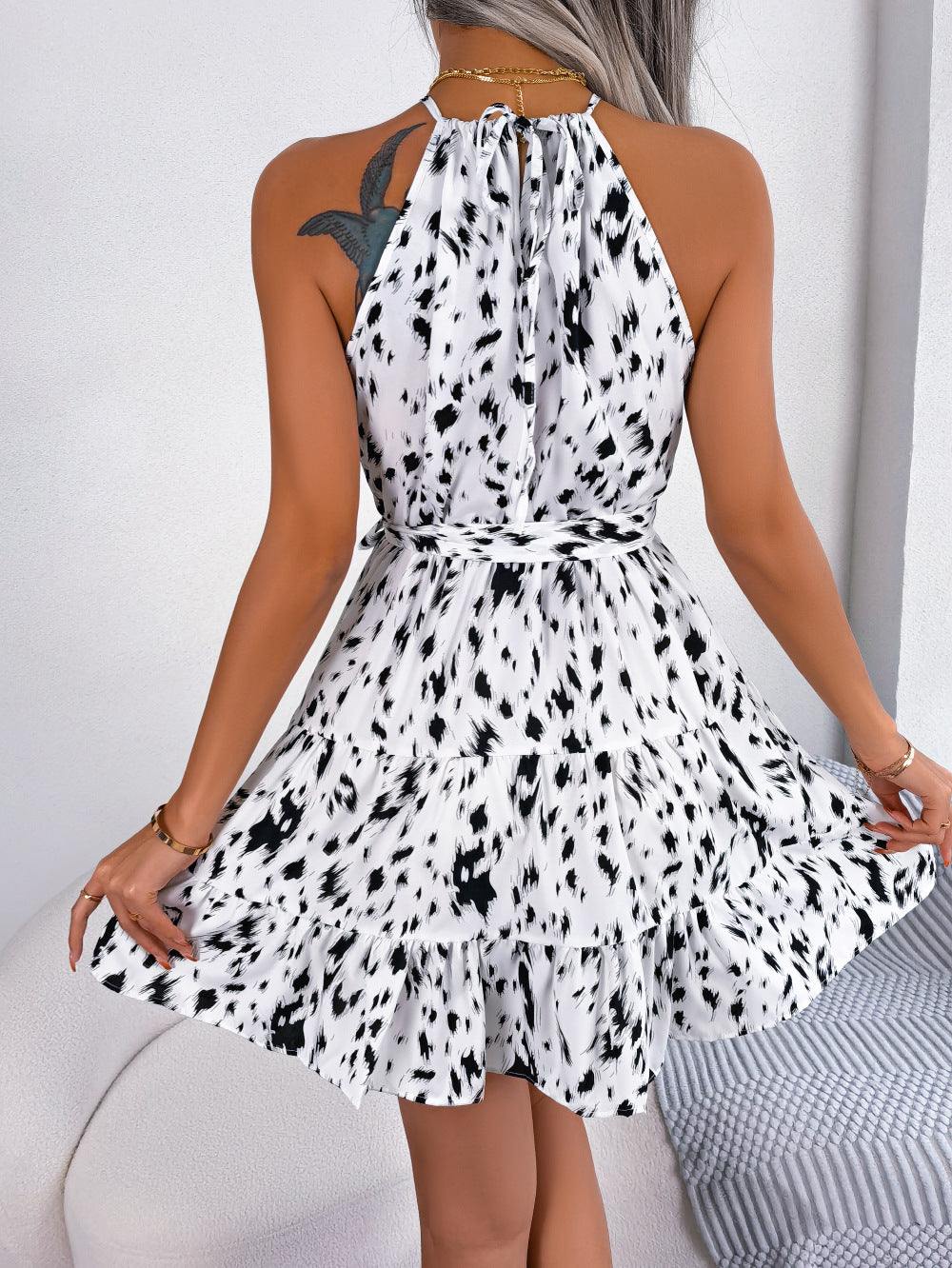 Halter Neck Printed Tie Waist Sleeveless Mini Dress - Trendsi