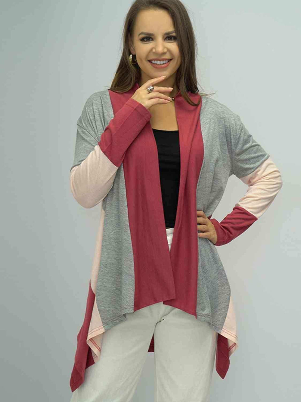 Color Block Open Front Cardigan - Trendsi - Flyclothing LLC