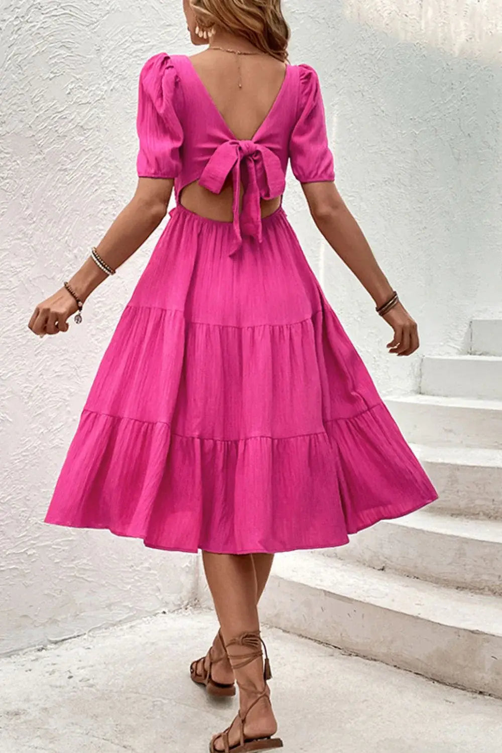 Square Neck Puff Sleeve Cutout Dress - Trendsi - Flyclothing LLC