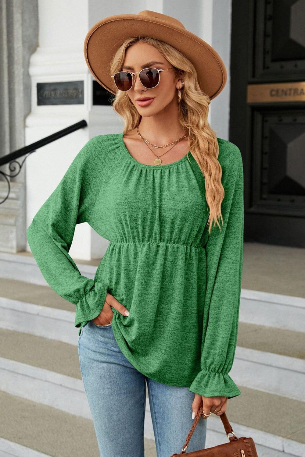 Round Neck Flounce Sleeve Blouse - Trendsi