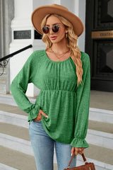 Round Neck Flounce Sleeve Blouse - Trendsi