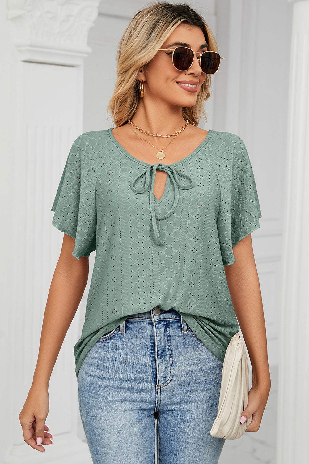 Eyelet Tie Neck Flutter Sleeve Blouse - Trendsi - Flyclothing LLC
