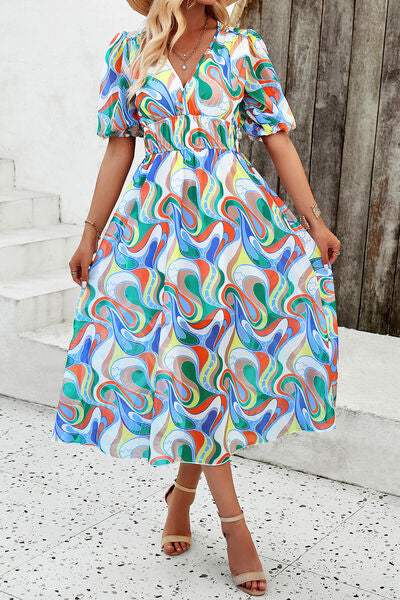 Smocked Printed V-Neck Short Sleeve Dress - Trendsi - Flyclothing LLC