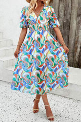 Smocked Printed V-Neck Short Sleeve Dress - Trendsi - Flyclothing LLC