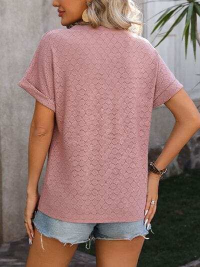 Eyelet Notched Short Sleeve T-Shirt - Trendsi - Flyclothing LLC