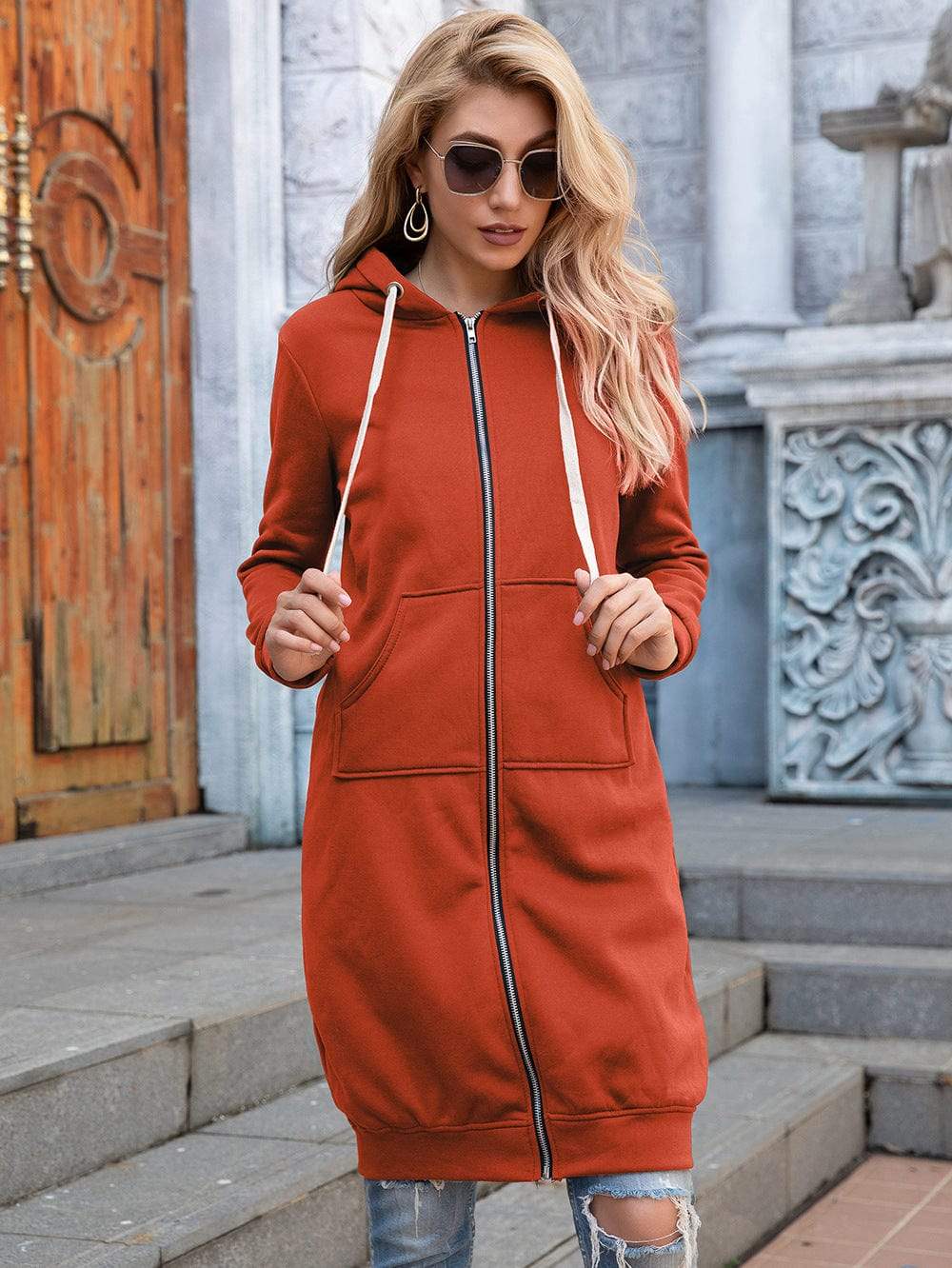 Full Size Zip-Up Longline Hoodie with Pockets - Trendsi - Flyclothing LLC