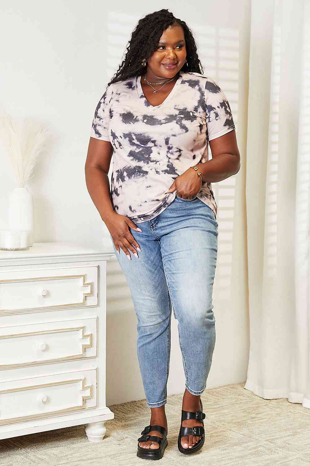 Double Take Tie-Dye V-Neck T-Shirt - Trendsi - Flyclothing LLC