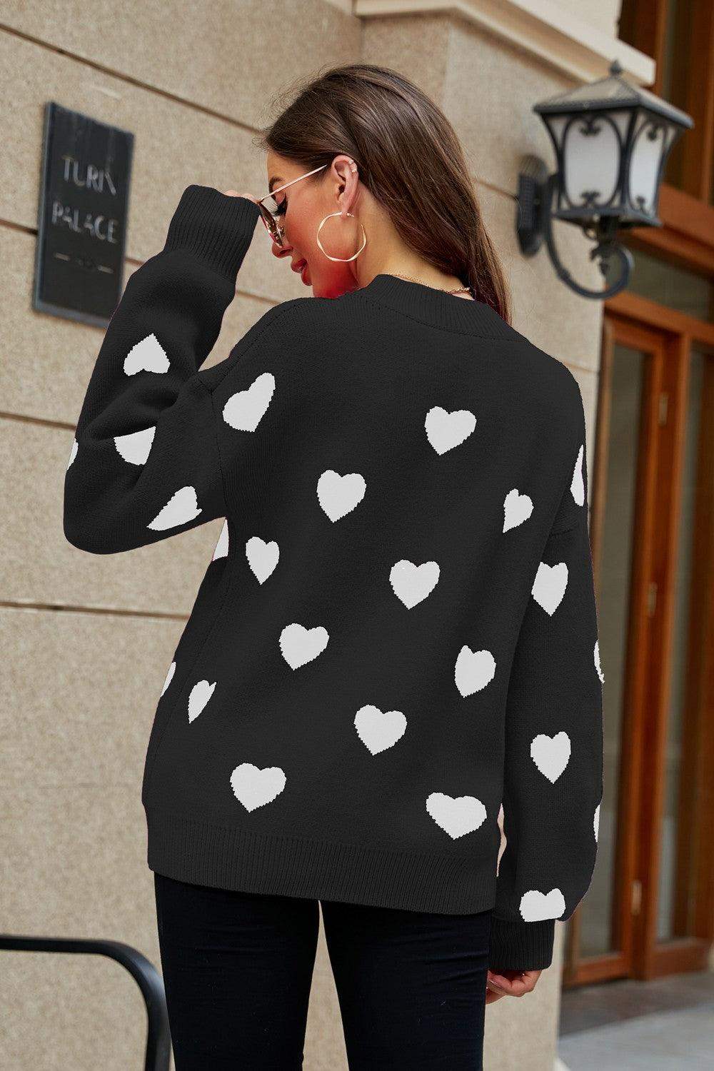 Heart Pattern Lantern Sleeve Round Neck Tunic Sweater - Trendsi - Flyclothing LLC