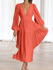 Deep V-Neck Balloon Sleeve Plain Maxi Dress - Trendsi