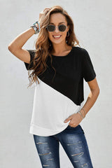 Two-Tone Round Neck Tee - Trendsi - Flyclothing LLC