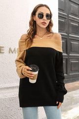 Ribbed Off-Shoulder Lantern Sleeve Pullover Sweater - Trendsi
