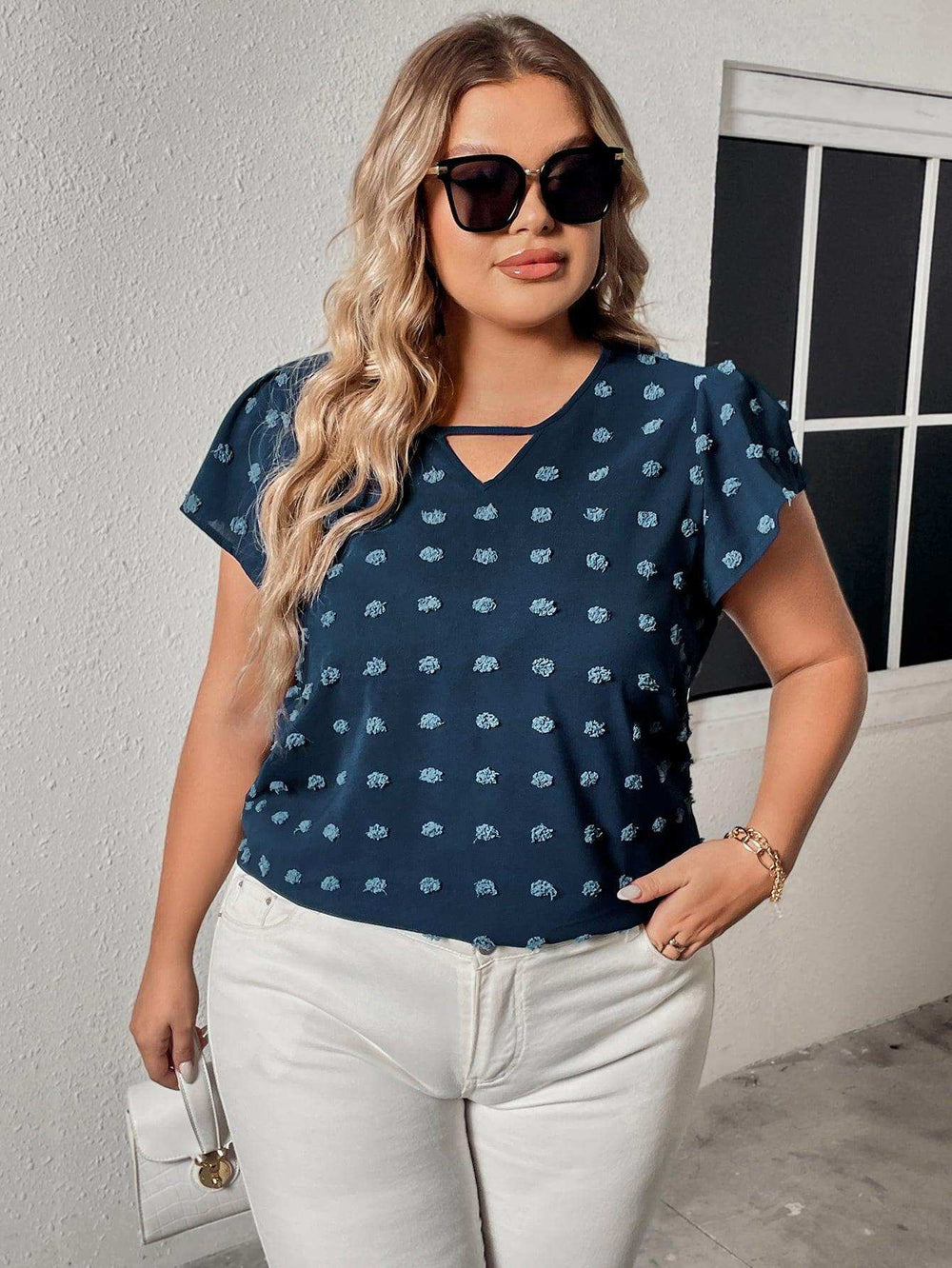 Plus Size Swiss Dot V-Neck Flutter Sleeve Tee - Trendsi - Flyclothing LLC