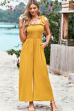 Frill Trim Tie Shoulder Wide Leg Jumpsuit with Pockets - Trendsi