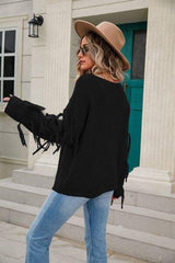 Fringe Round Neck Dropped Shoulder Sweater - Trendsi - Flyclothing LLC