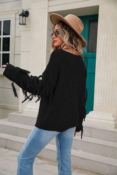 Fringe Round Neck Dropped Shoulder Sweater - Trendsi - Flyclothing LLC