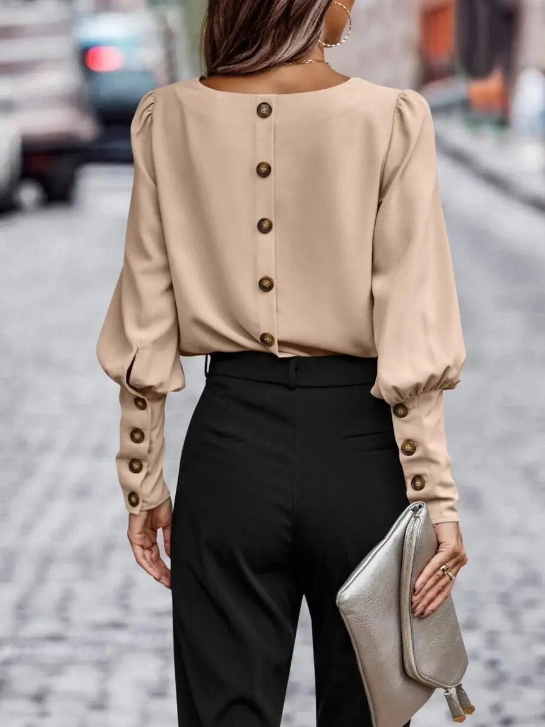 Round Neck Lantern Sleeve Blouse - Trendsi - Flyclothing LLC