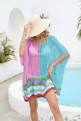 Contrast Scoop Neck Openwork Half Sleeve Cover Up - Trendsi - Flyclothing LLC