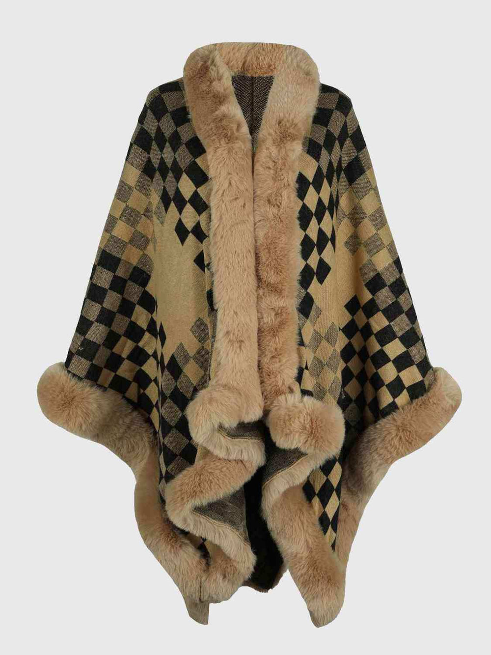 Checkered Faux Fur Trim Poncho - Trendsi - Flyclothing LLC