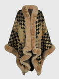 Checkered Faux Fur Trim Poncho - Trendsi - Flyclothing LLC