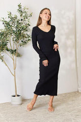 Culture Code Full Size Ribbed Long Sleeve Midi Slit Dress - Trendsi