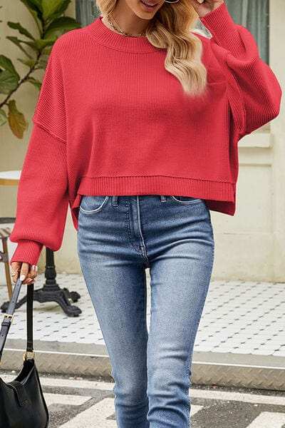 Round Neck Dropped Shoulder Sweater - Trendsi - Flyclothing LLC